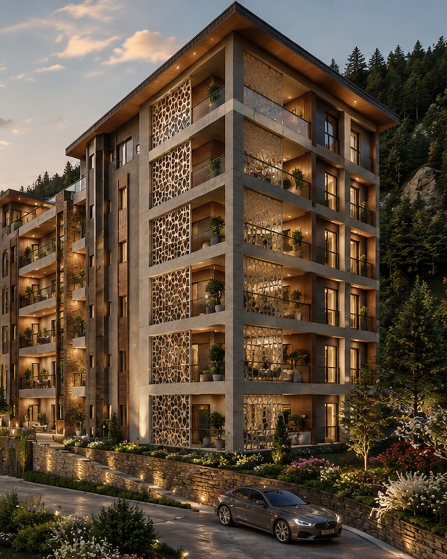 Contemporary residential tower with timber and stone screens